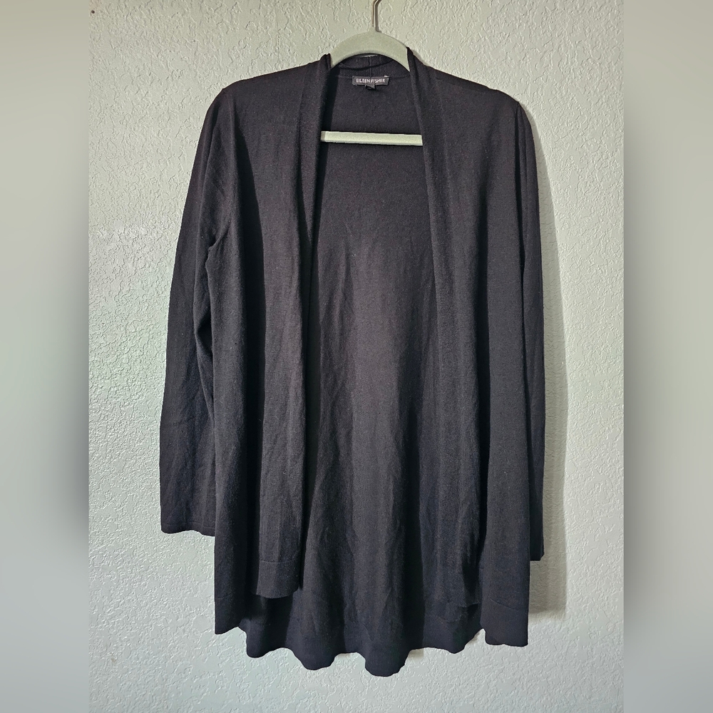Eileen Fisher Woman Size M Black Long Sleeve Tencel Open Cardigan Sweater